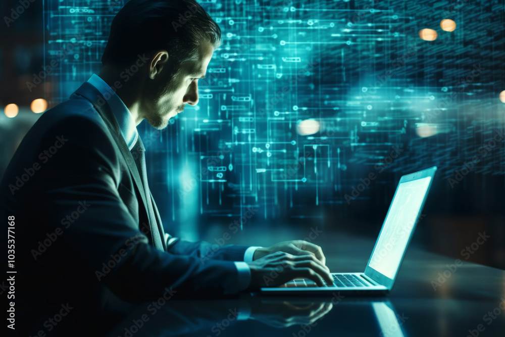 The businessman close-up analyzing virtual charts and data, his finger hovering over a digital display. The businessman close-up analyzing virtual charts and data, his finger hovering over a digital display.