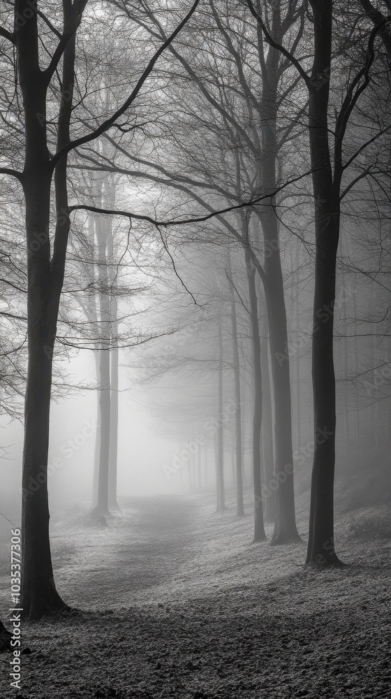 Foggy Forest Landscape with Leafless Trees Foggy Forest Landscape with Leafless Trees