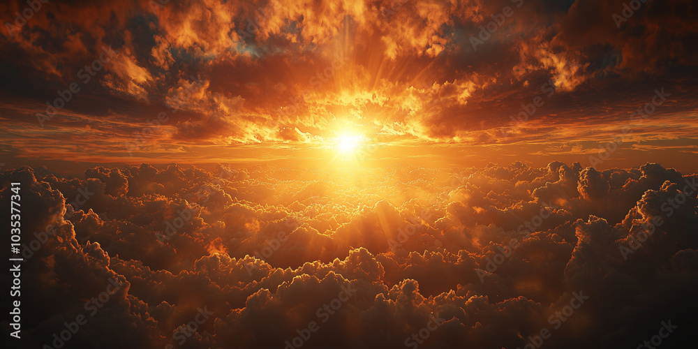 Golden sunrise breaking through the clouds, creating a heavenly and divine atmosphere. Ideal for content that captures the beauty of nature, inspiration, and new beginnings.