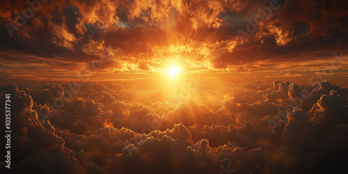Obraz na płótnie Golden sunrise breaking through the clouds, creating a heavenly and divine atmosphere. Ideal for content that captures the beauty of nature, inspiration, and new beginnings. w salonie