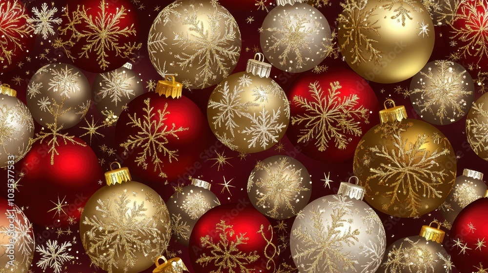 Seamless pattern of Christmas baubles, snowflakes, and stars, creating a festive and sparkling holiday design Seamless pattern of Christmas baubles, snowflakes, and stars, creating a festive and sparkling holiday design