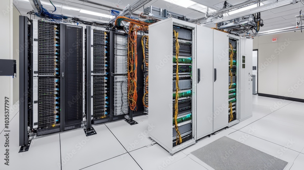 Contemporary data center interior featuring server racks and telecommunication equipment, highlighting advanced network and internet communication technology for efficient digital operations