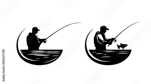 Illustration of a fisherman catching fish. Fishing.