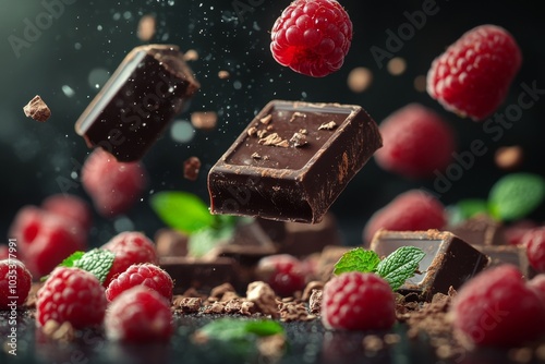 Floating Dark Chocolate with Fresh Mint and Raspberries, Gourmet Indulgence on a Black Background photo