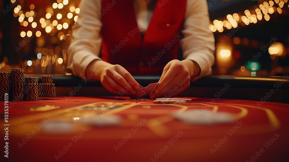 Croupier dealing cards on a casino table at night Croupier dealing cards on a casino table at night
