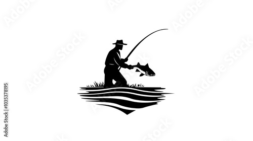Illustration of a fisherman catching fish. Fishing.