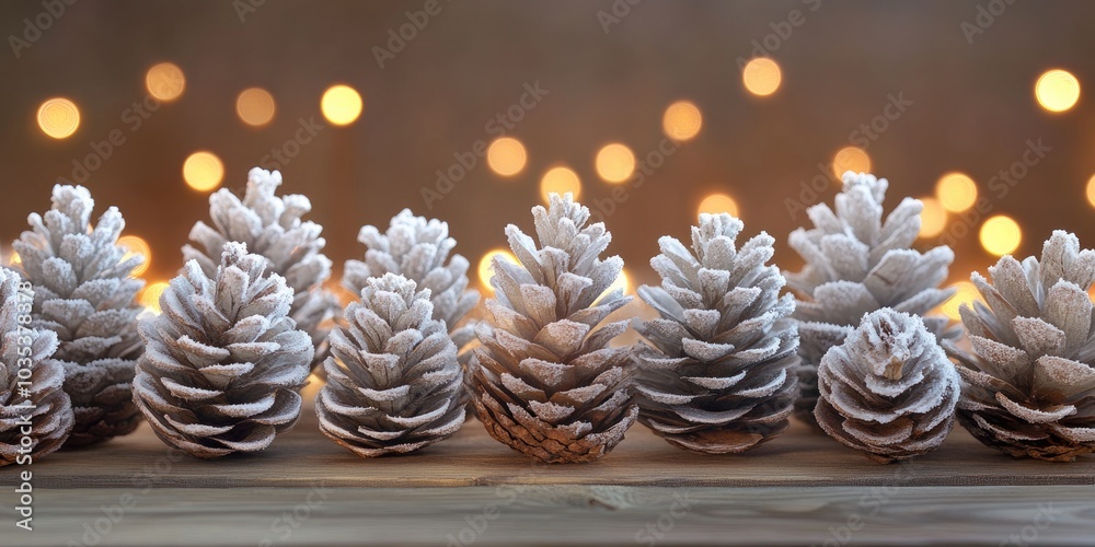 A collection of frosted pinecones arranged on a rustic wooden table, with holiday lights softly glowing in the background. A collection of frosted pinecones arranged on a rustic wooden table, with holiday lights softly glowing in the background.