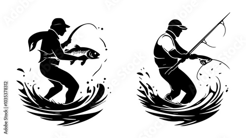 Illustration of a fisherman catching fish. Fishing.
