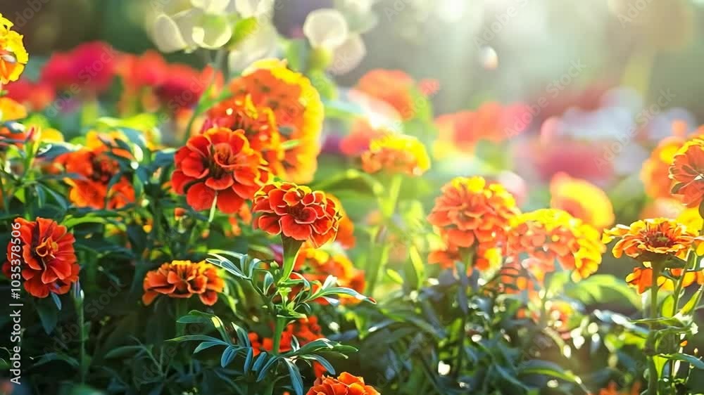 Radiant marigolds in a vibrant summer garden, Video Radiant marigolds in a vibrant summer garden, Video