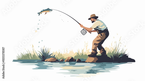 Illustration of a fisherman catching fish. Fishing.