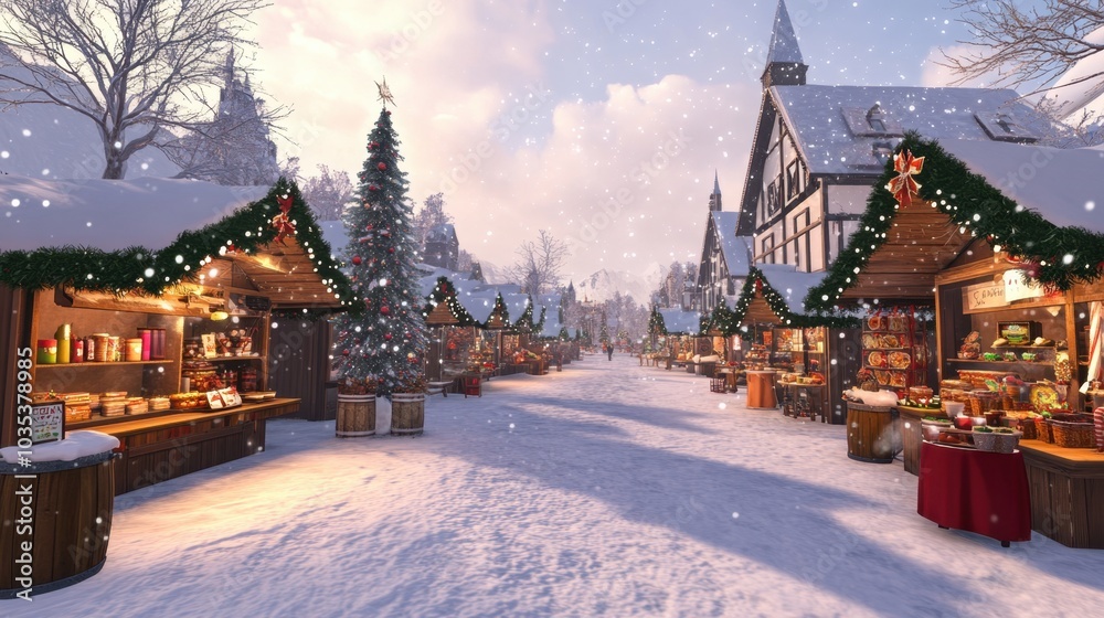 Fototapeta premium Snowy village Christmas market, with seamless stalls selling hot chocolate, ornaments, and baked goods, set against a festive winter backdrop