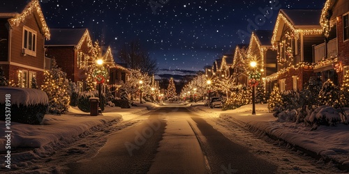 A neighborhood street lined with houses covered in dazzling holiday lights, with snow on the ground and a clear night sky above.