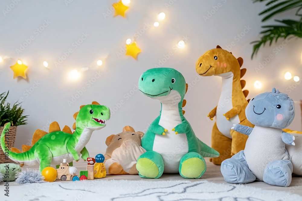 child's room with friendly dino decor and plush toys child's room with friendly dino decor and plush toys