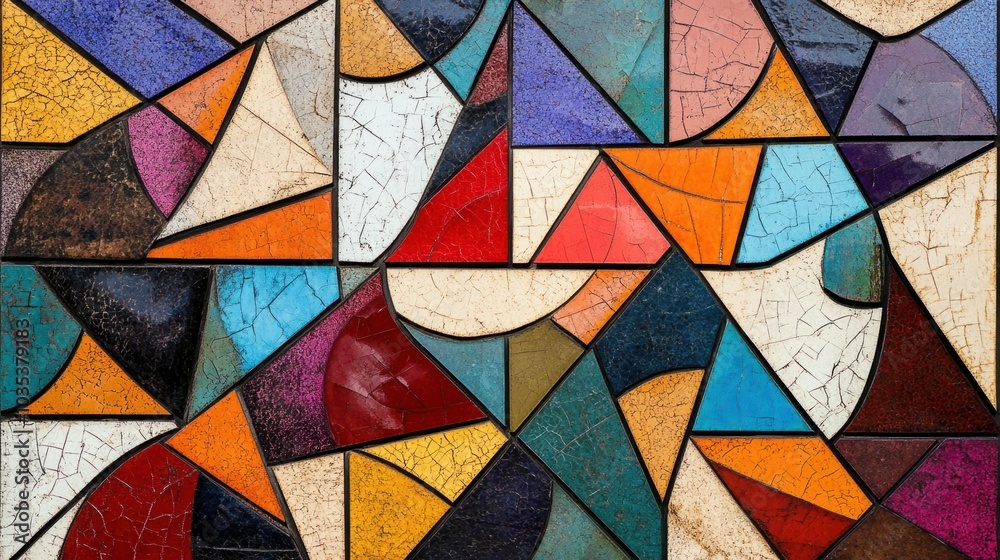 Geometric shapes aligned in a mosaic, forming a structured yet vibrant abstract design Geometric shapes aligned in a mosaic, forming a structured yet vibrant abstract design