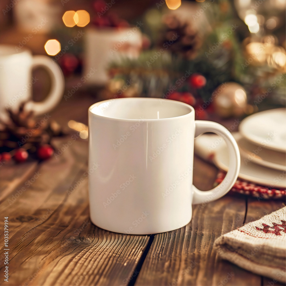 White mug on the holiday table. Mockup of a couple white mugs on the table. White mug mockups on the kitchen desk. White mug on the holiday table. Mockup of a couple white mugs on the table. White mug mockups on the kitchen desk.