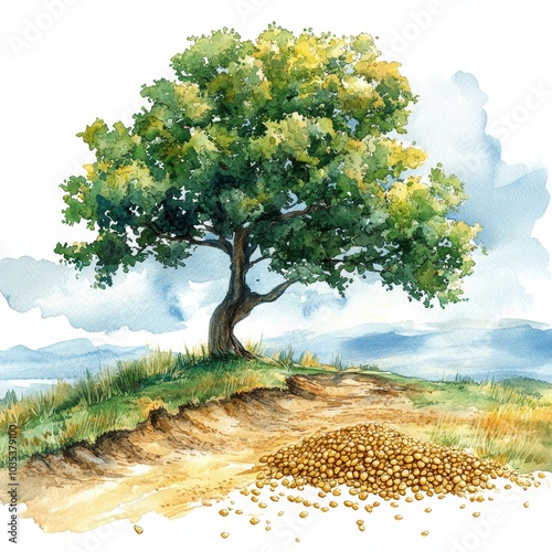 The mustard seed. Watercolor illustration of  a little sprout growing from the ground and a big tree in the background, Generative AI