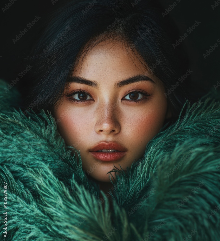 Beautiful Asian woman with black hair, wearing a green feather cloak. Beautiful Asian woman with black hair, wearing a green feather cloak.