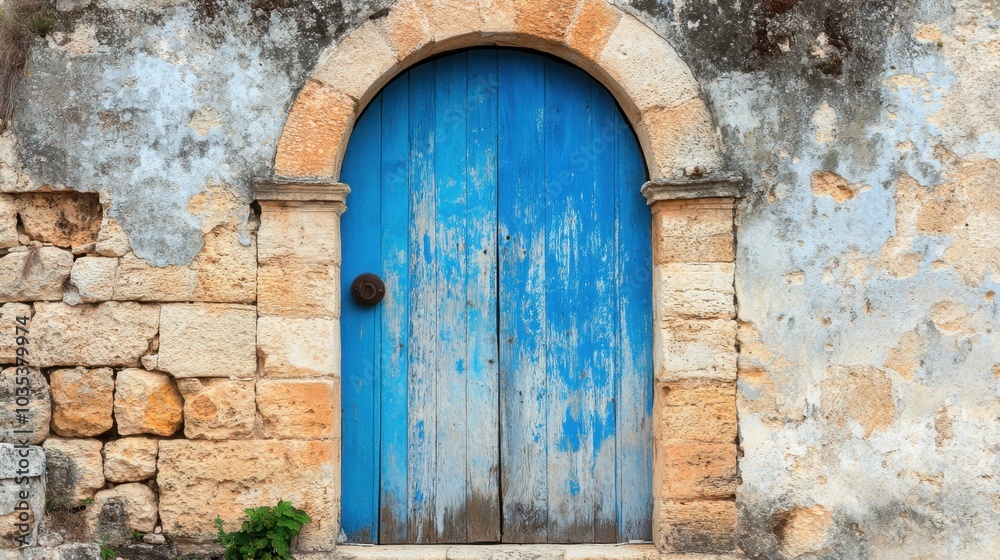 The charming character of a weathered blue door in a classic archway is highlighted against a historic stone backdrop, evoking a sense of nostalgia and timeless beauty. The charming character of a weathered blue door in a classic archway is highlighted against a historic stone backdrop, evoking a sense of nostalgia and timeless beauty.