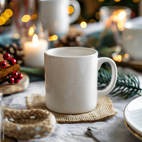 White mug on the holiday table. Mockup of a couple white mugs on the table. White mug mockups on the kitchen desk. 