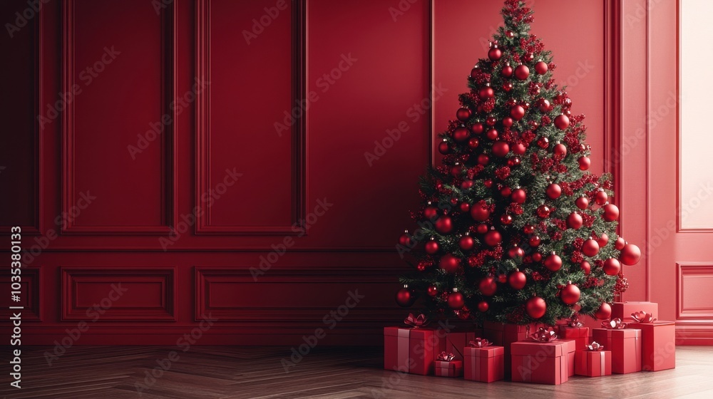 The festive spirit shines through a striking Christmas tree with red ornaments, set against a warm red room, inviting the joy of the holiday season with presents beneath. The festive spirit shines through a striking Christmas tree with red ornaments, set against a warm red room, inviting the joy of the holiday season with presents beneath.