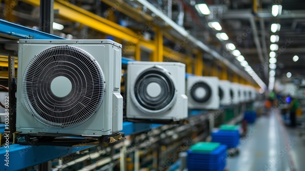 Fototapeta premium Hvac units on assembly line in a factory, showcasing production efficiency.