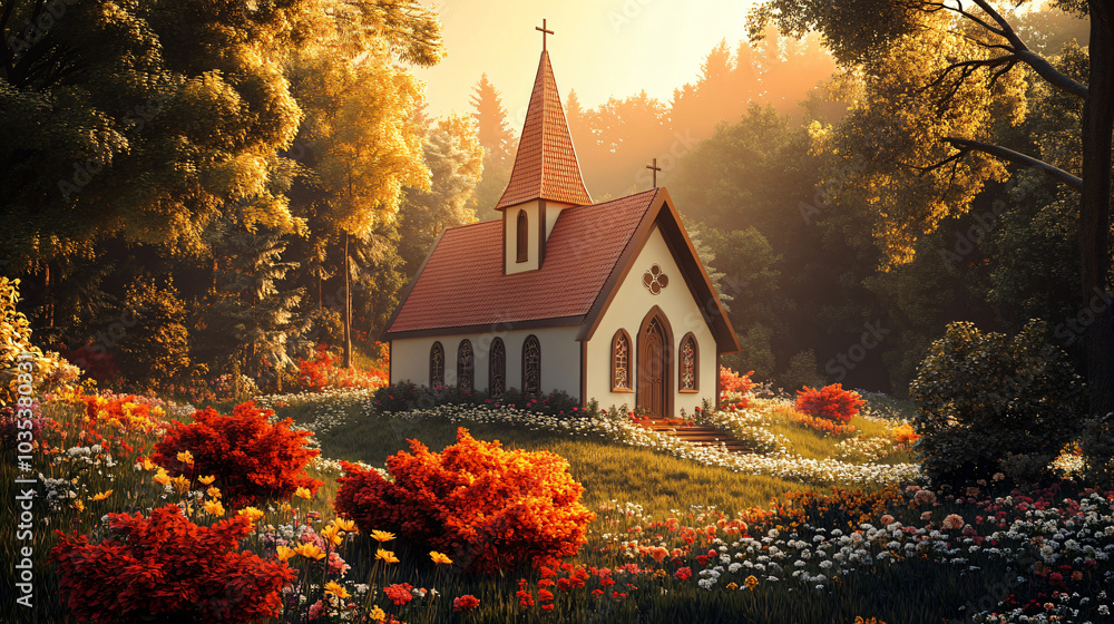 A cozy country church surrounded by flowers A cozy country church surrounded by flowers