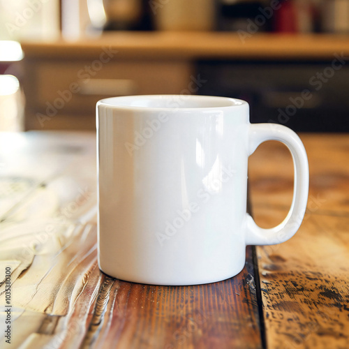 White mug on the holiday table. Mockup of a couple white mugs on the table. White mug mockups on the kitchen desk. 