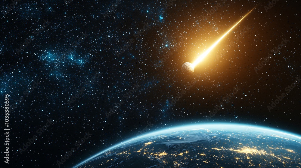 Fototapeta premium A captivating view of a bright meteor shower streaking across the night sky, illuminating the Earth below. Experience the beauty of cosmic phenomena.