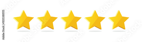 Five stars rating. 5 stars customer product rating review. Yellow five stars isolated on white background