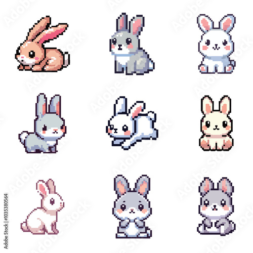 set collection cute bunny rabbit pixel art 8bit in vector 