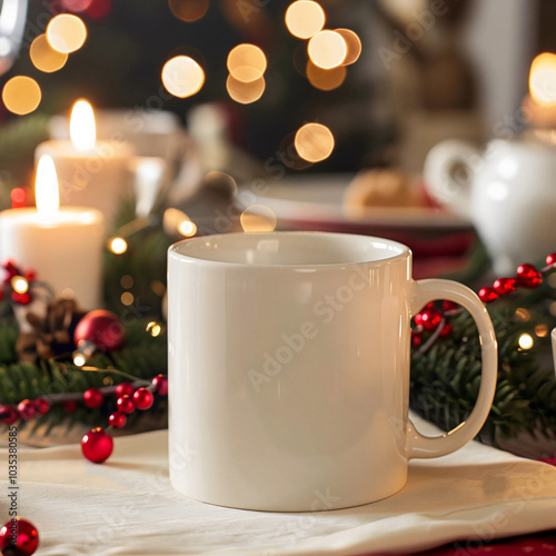 White mug on the holiday table. Mockup of a couple white mugs on the table. White mug mockups on the kitchen desk. 