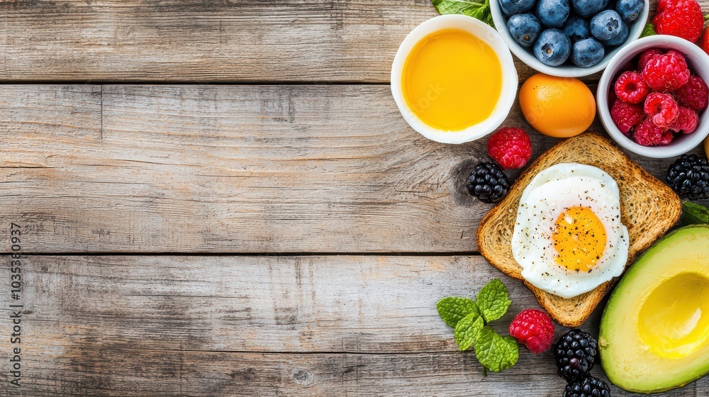 Healthy breakfast with eggs, toast, avocados, and fresh berries on rustic wooden table. Healthy breakfast with eggs, toast, avocados, and fresh berries on rustic wooden table.