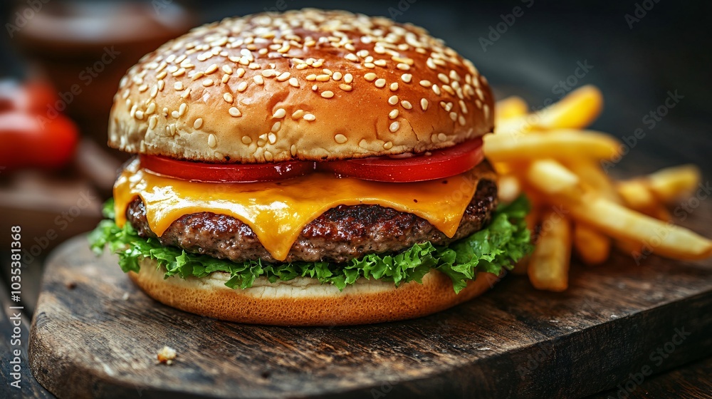 Loaded hamburger with melted cheese enjoyed in a bustling restaurant with vibrant colors Stock Photo with side copy space Loaded hamburger with melted cheese enjoyed in a bustling restaurant with vibrant colors Stock Photo with side copy space