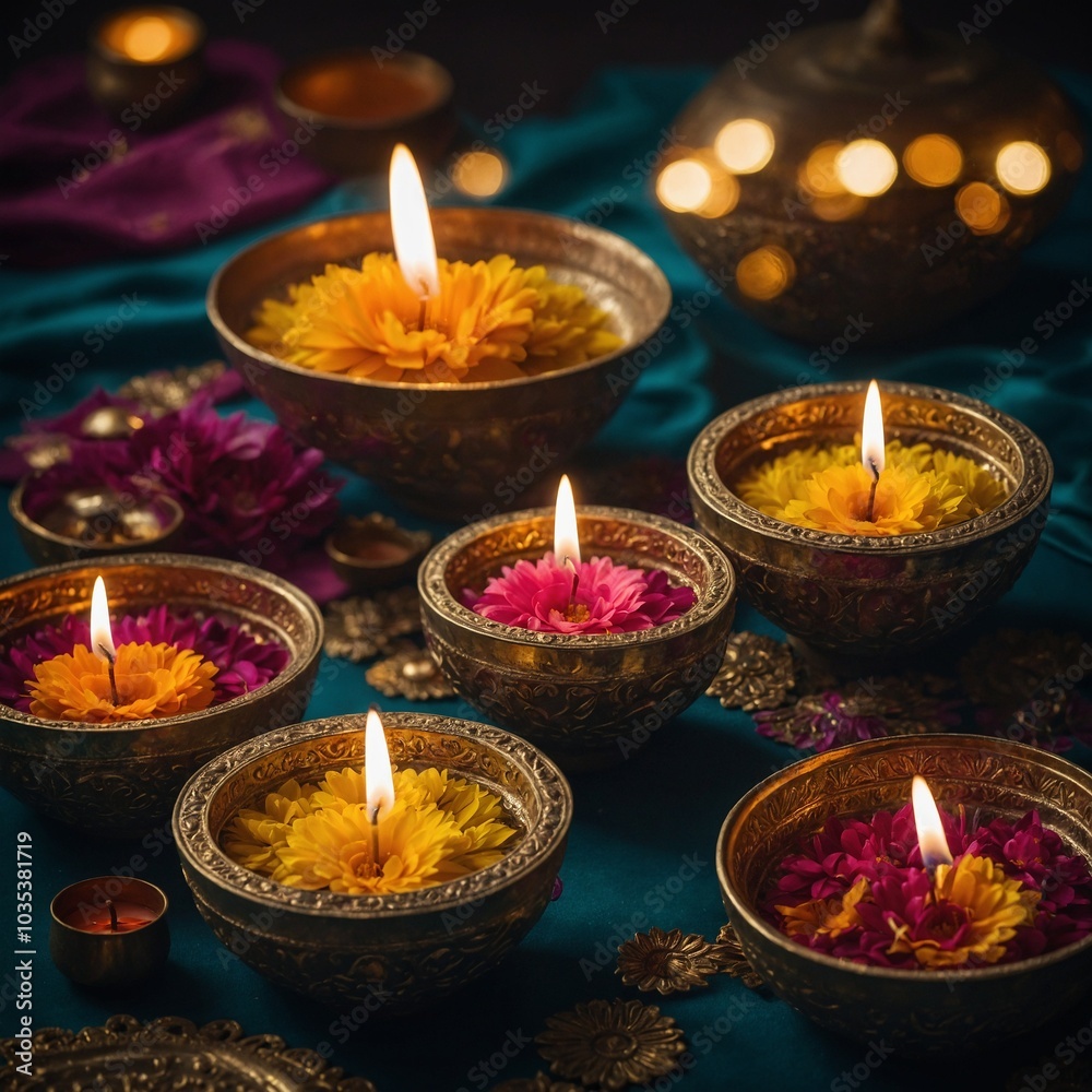 Floating candles on water bring a serene and magical ambiance to Diwali’s nighttime festivities