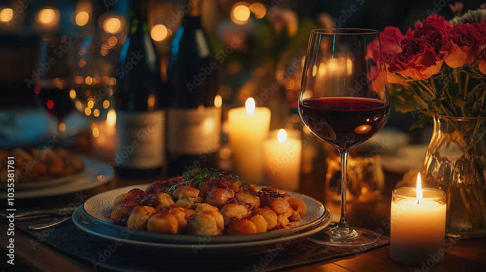 romantic dinner table, soft candlelight, red wine on the table, special dish, fresh flowers in a vase, love and happiness, intimate and joyful dining experience romantic dinner table, soft candlelight, red wine on the table, special dish, fresh flowers in a vase, love and happiness, intimate and joyful dining experience