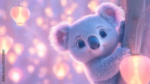 A cartoon koala is holding onto a tree branch