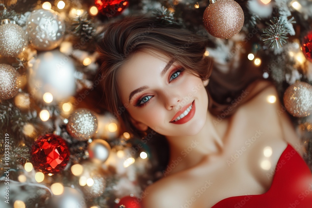 A stunning woman touching her face, surrounded by festive Christmas decorations featuring red and gold ornaments. A stunning woman touching her face, surrounded by festive Christmas decorations featuring red and gold ornaments.