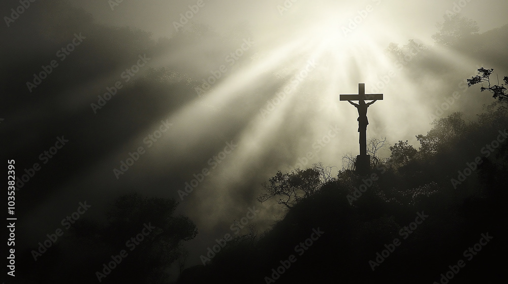 Naklejka premium silhueta de Jesus Cristo cruz e leão, raios de luzes douradas vindos do céu, fumaça no ar, gloriosa atmosfera dourada de fé