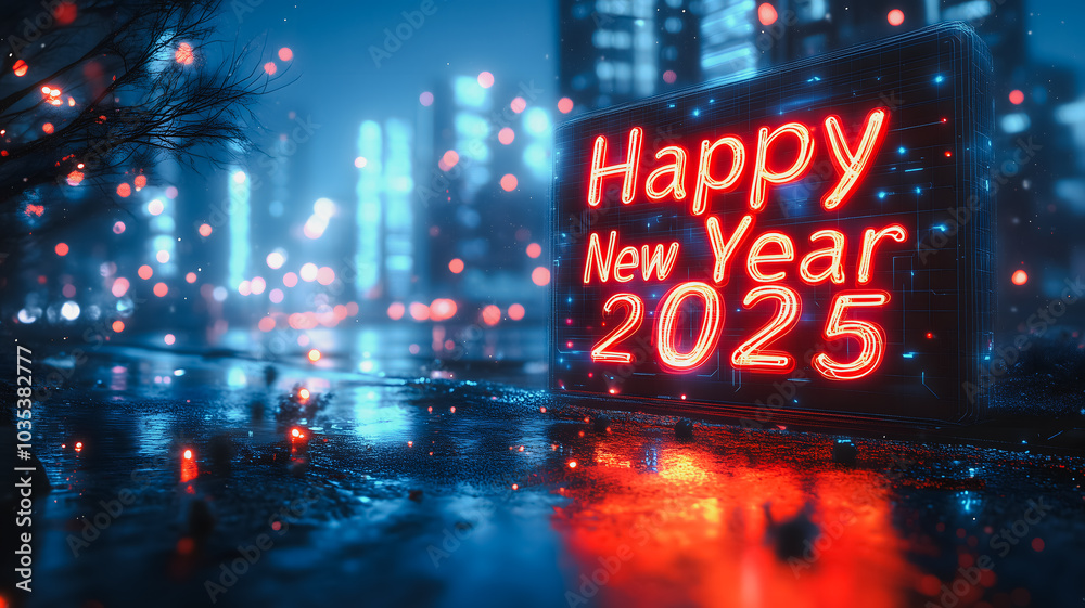 A neon sign with the words Happy New Year 2025 written on it. The sign is lit up in red and is surrounded by a cityscape