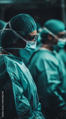 Hospital team in scrubs standing together in a bright and sterile operating room Stock Photo with side copy space