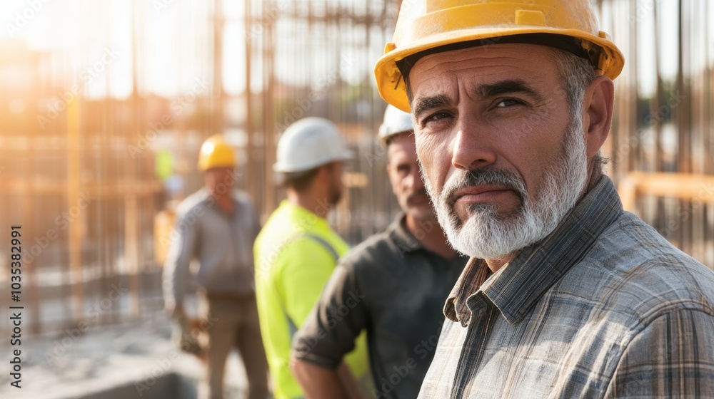 A construction supervisor inspecting a concrete pour at a building foundation, with workers in the background, looking at the camera