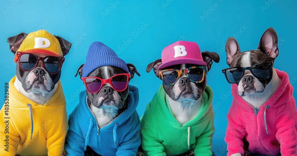 Four Boston terrier dogs dressed in colorful hip-hop , with sunglasses and hats, posing for the camera. Four Boston terrier dogs dressed in colorful hip-hop , with sunglasses and hats, posing for the camera.