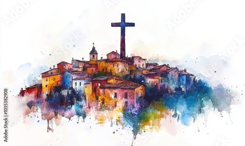 Watercolor painting of a Christian cross over the town on a white background. Watercolor digital painting, Generative AI