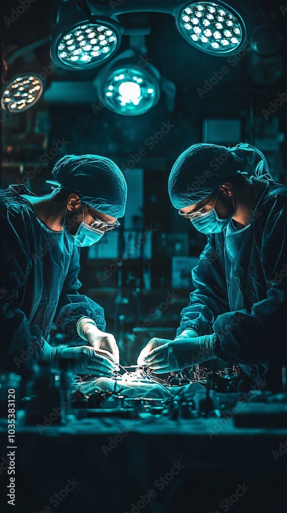 Surgeons preparing for a procedure in a well-lit operating room surrounded by high-tech equipment Stock Photo with side copy space Surgeons preparing for a procedure in a well-lit operating room surrounded by high-tech equipment Stock Photo with side copy space