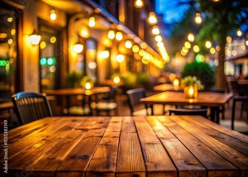 Empty Wooden Table Top with Blurred Restaurant Background at Night - Perfect for Dining and Ambience Photography