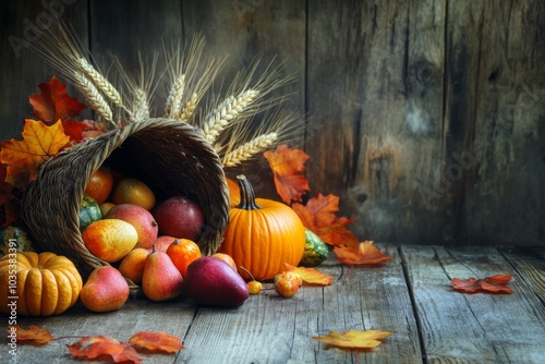 A traditional cornucopia overflowing with fruits and vegetables, accompanied by wheat stalks, a pumpkin, apples, and scattered maple leaves, all set against a rustic wooden table backdrop. photo