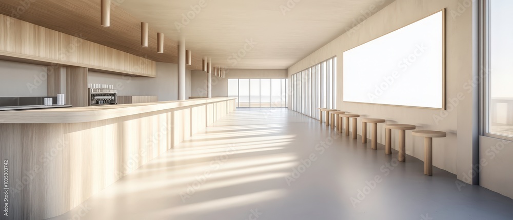 A large, empty room with a wooden bar and a few stools A large, empty room with a wooden bar and a few stools