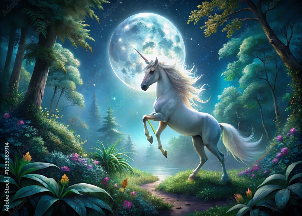 Enchanted Moonlit Unicorn Rearing in a Magical Forest Setting Enchanted Moonlit Unicorn Rearing in a Magical Forest Setting