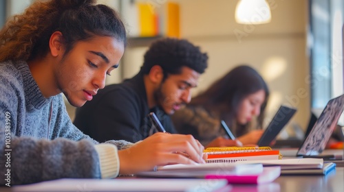 Young Woman Writing in a Notebook, Surrounded by Other Students photo