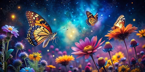 Enchanting Butterflies and Wildflowers Under a Starry Night Sky - Magical Serenity Landscape